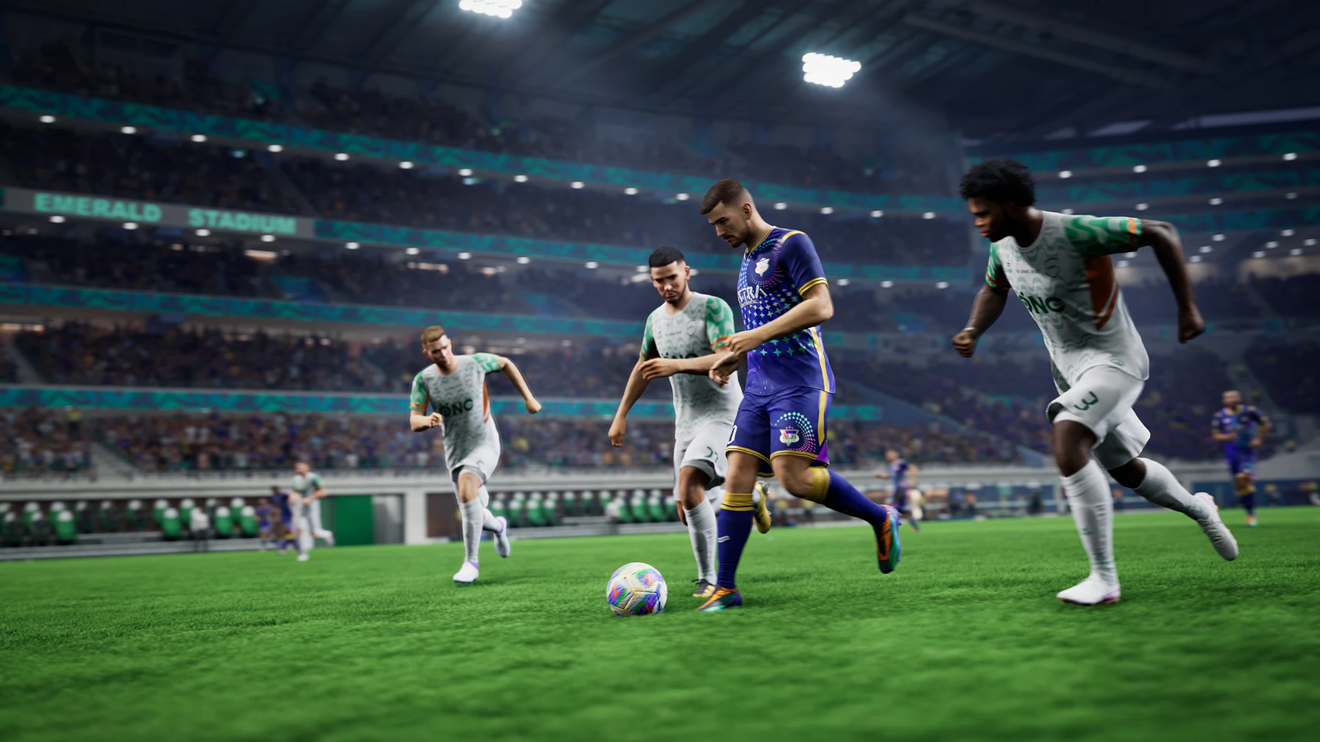 UFL PC gameplay – night match under stadium floodlights with players contesting the ball