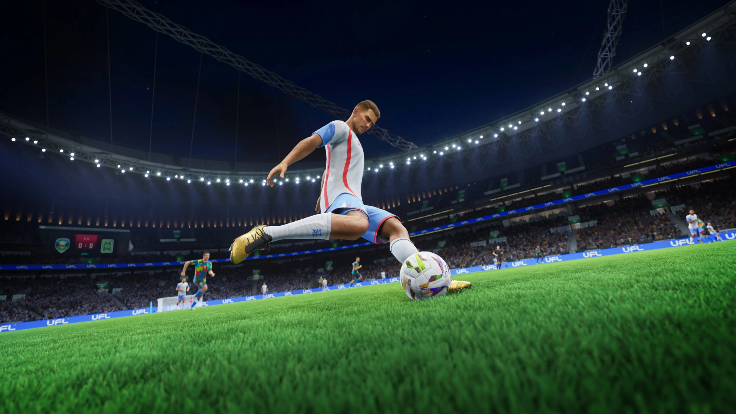 UFL PC screenshot – detailed Unreal Engine 5 footballer celebrating in a stadium